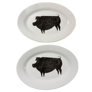 Crate and Barrel Oval Meat Platter Pig Pork White Ceramic Black Graphics 11.75"